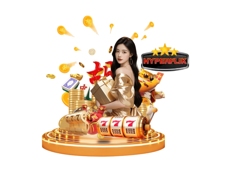 ภาพโปรโมท HYPERFLIK หญิงสาวถือกล่องของขวัญ รายล้อมด้วยเหรียญทอง สัญลักษณ์สล็อต 777 และของมงคลจีน สื่อถึงเกมสล็อตแจ็คพอต โบนัสแตก และโอกาสทำกำไรบนเว็บพนันออนไลน์